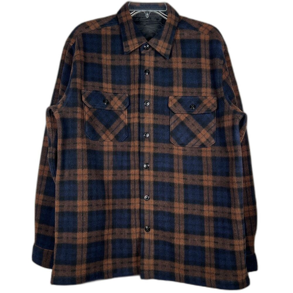 Threadgrit Men's Medium Plaid Fleece Button Shirt Jacket Brown Navy Darwin M